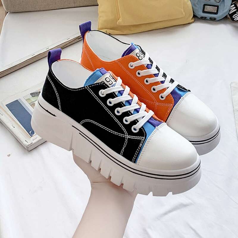 

Colorblock Lace Up Front Canvas Shoes, Black