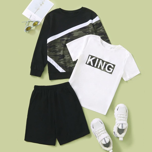 

Boys Camo Print Colorblock Sweatshirt & Letter Graphic Tee & Shorts, Multicolor