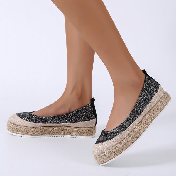 

Glitter Flatform Espadrilles Flats, Black