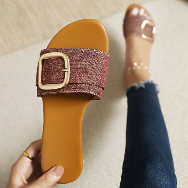 

Two Tone Buckle Detail Slide Sandals, Burgundy