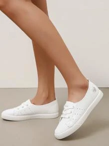 Heart Pattern Lace Up Front Slip On Sneakers, White Women's Casual Sports Shoes - White - View 1