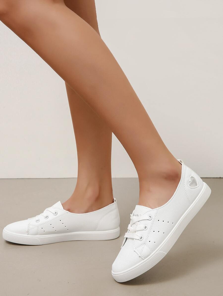 Heart Pattern Lace Up Front Slip On Sneakers, White Women's Casual Sports Shoes - White - View 1
