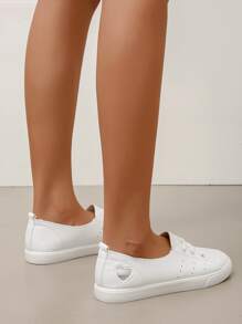 Heart Pattern Lace Up Front Slip On Sneakers, White Women's Casual Sports Shoes - White - View 2