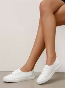 Heart Pattern Lace Up Front Slip On Sneakers, White Women's Casual Sports Shoes - White - View 3