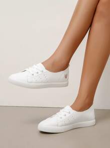 Heart Pattern Lace Up Front Slip On Sneakers, White Women's Casual Sports Shoes - White - View 4