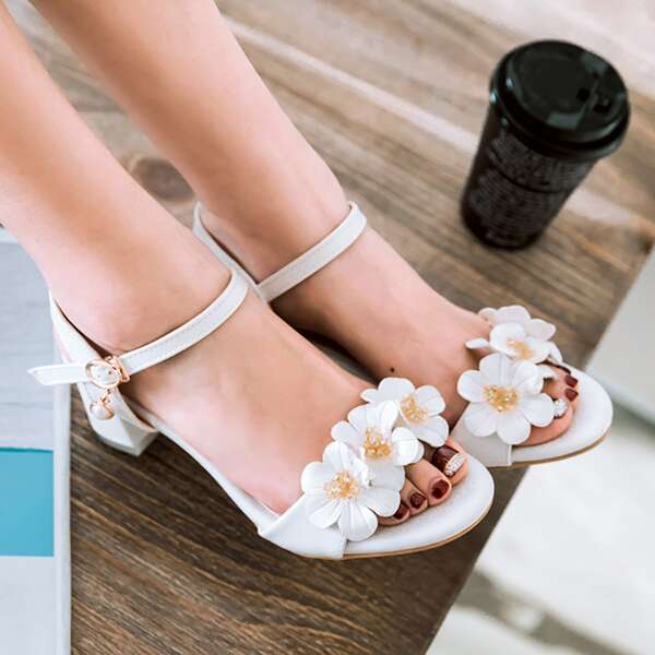 

Flower Appliques Ankle Strap Slide Sandals, White