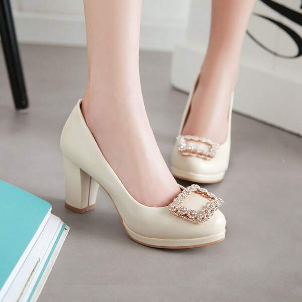 

Minimalist Rhinestone Decor Chunky Heeled Court Pumps, Beige