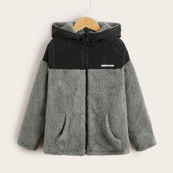 

Boys Letter Graphic Zip Up Colorblock Hooded Flannel Jacket, Grey