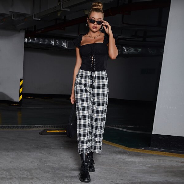 

Tartan Print Wide Leg Pants, Black and white