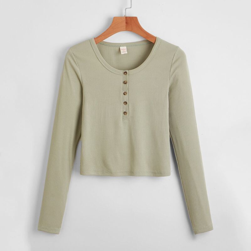 

Solid Half Button Crop Tee, Mint green
