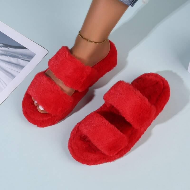 

Minimalist Fluffy Bedroom Slippers, Red