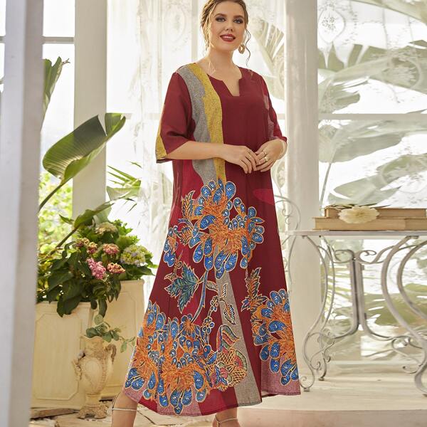 

Floral Print Notched Neck Half Sleeve Dress, Multicolor