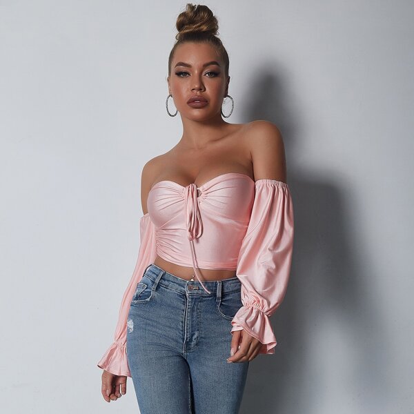 

Off Shoulder Drawstring Flounce Sleeve Crop Top, Baby pink