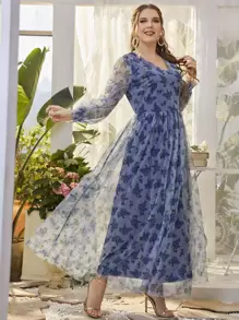 Plus Allover Floral Print V Neck Dress - Blue - View 1