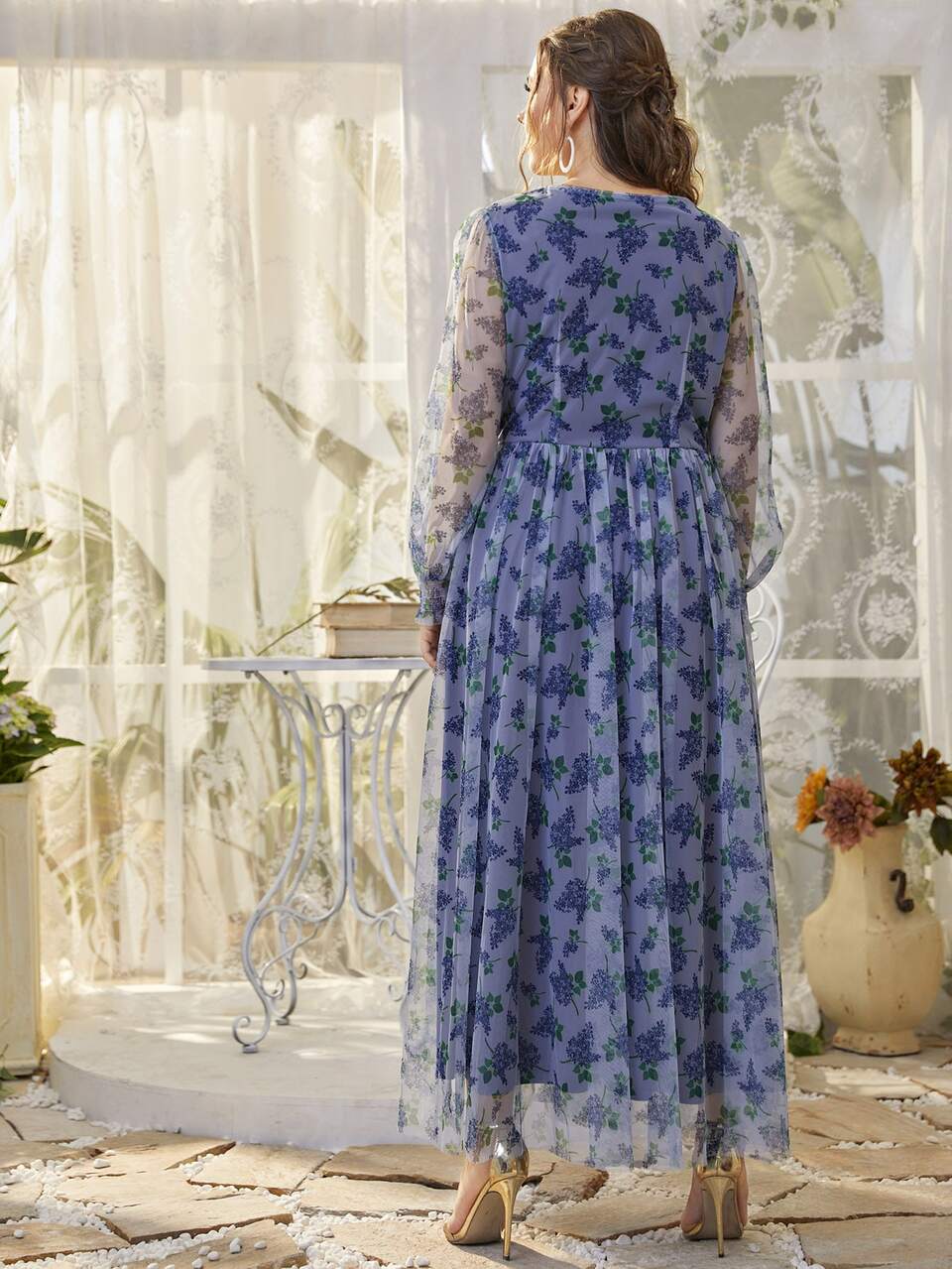 Plus Allover Floral Print V Neck Dress