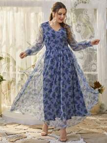 Plus Allover Floral Print V Neck Dress - Blue - View 4