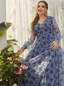 Plus Allover Floral Print V Neck Dress - Blue - View 6