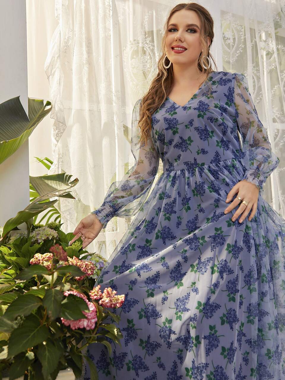 Plus Allover Floral Print V Neck Dress