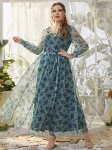 Plus Allover Floral Print Maxi Swing Dress Without Belt - Teal Blue - View 1