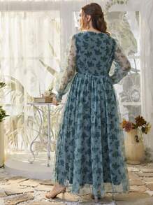 Plus Allover Floral Print Maxi Swing Dress Without Belt - Teal Blue - View 2