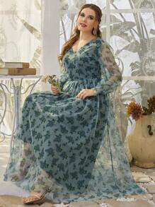 Plus Allover Floral Print Maxi Swing Dress Without Belt - Teal Blue - View 3