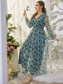 Plus Allover Floral Print Maxi Swing Dress Without Belt - Teal Blue - View 4
