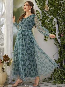 Plus Allover Floral Print Maxi Swing Dress Without Belt - Teal Blue - View 5