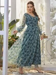 Plus Allover Floral Print Maxi Swing Dress Without Belt - Teal Blue - View 6