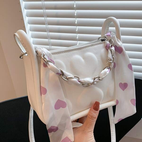 

Scarf Decor Embossed Chain Shoulder Bag, Beige