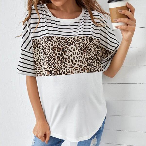 

Maternity Leopard Striped Panel Tee, Multicolor