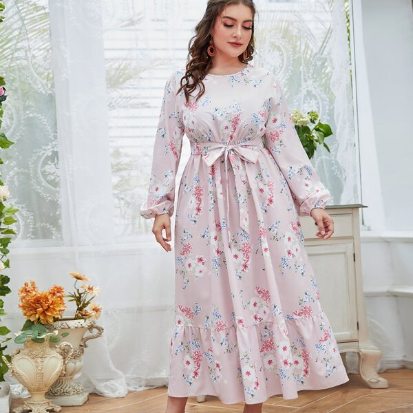 

Plus Floral Print Belted Ruffle Hem Dress, Baby pink