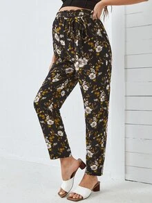 SHEIN Maternity Floral Print Paper Bag Waist Trousers - Black - View 2