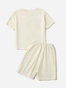 SHEIN 男孩字母和橋印花T恤和短褲 - 米色 - 查看 2