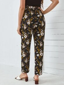 SHEIN Maternity Floral Print Paper Bag Waist Trousers - Black - View 3