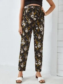 SHEIN Maternity Floral Print Paper Bag Waist Trousers - Black - View 4