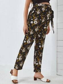 SHEIN Maternity Floral Print Paper Bag Waist Trousers - Black - View 5