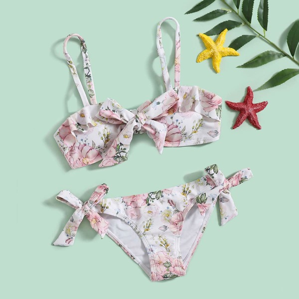 

Girls Floral Tie Side Bikini Swimsuit, Multicolor
