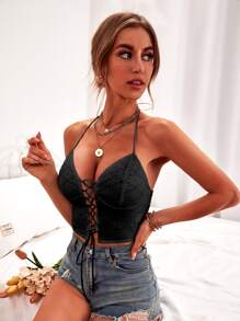 Allurite Lace Up Backless Lace Halter Top - Black - View 3