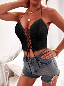 Allurite Lace Up Backless Lace Halter Top - Black - View 5