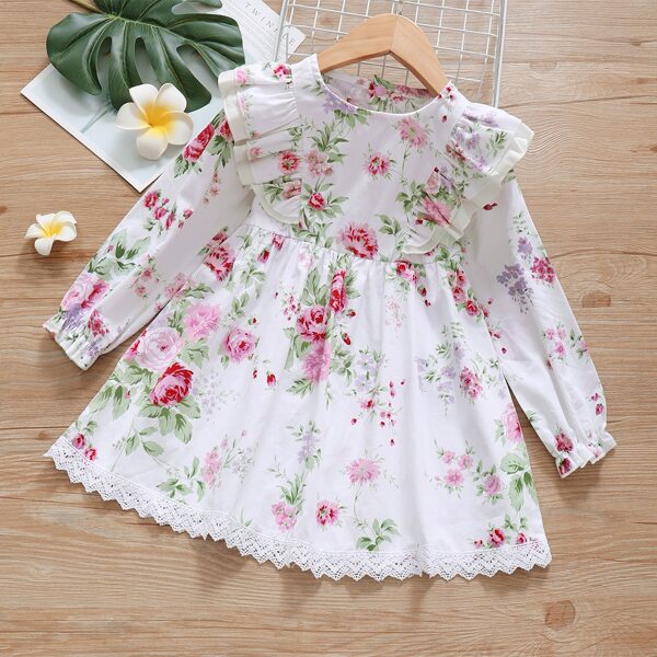 

Toddler Girls Floral Print Contrast Lace Hem Ruffle Trim Dress, White