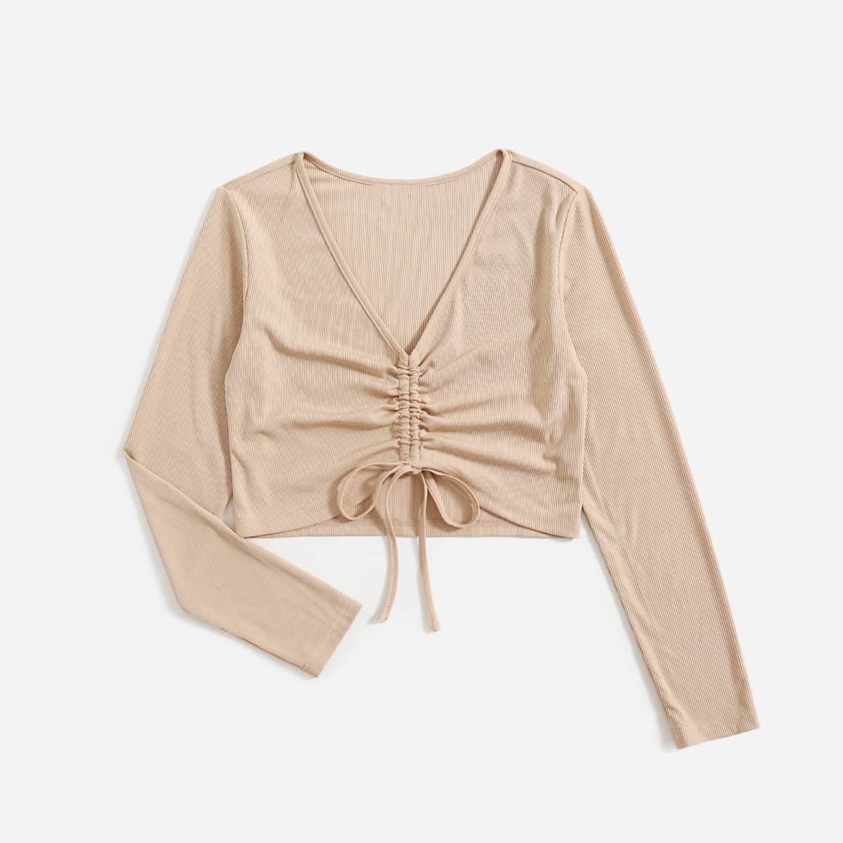

Solid Drawstring V Neck Crop Tee, Apricot