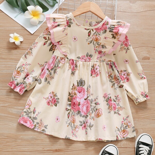 

Toddler Girls Floral Print Ruffle Trim Smock Dress, Apricot