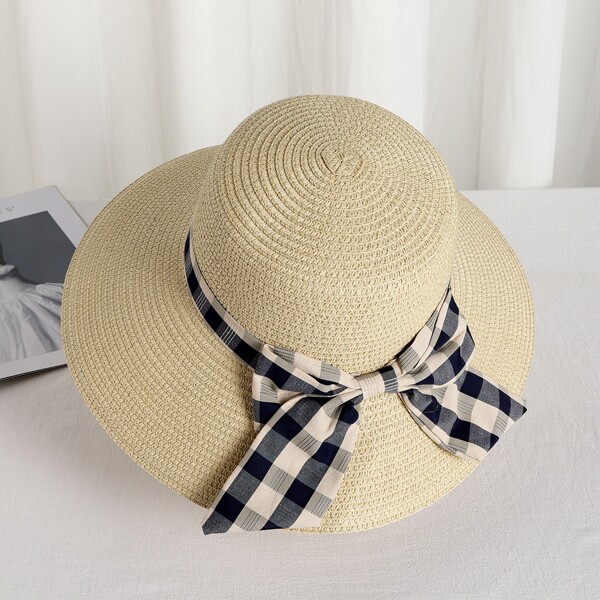 

Plaid Bow Decor Straw Hat, Beige