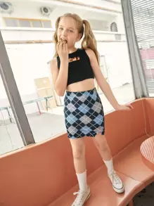 SHEIN 女孩1卡通圖案背心上衣和1菱形印花半身裙 - 彩色 - 查看 1