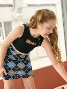 SHEIN 女孩1卡通圖案背心上衣和1菱形印花半身裙 - 彩色 - 查看 5