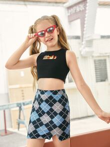 SHEIN 女孩1卡通圖案背心上衣和1菱形印花半身裙 - 彩色 - 查看 6