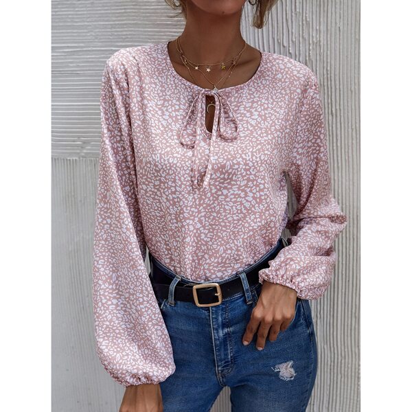 

Allover Print Tie Neck Bishop Sleeve Blouse, Dusty pink