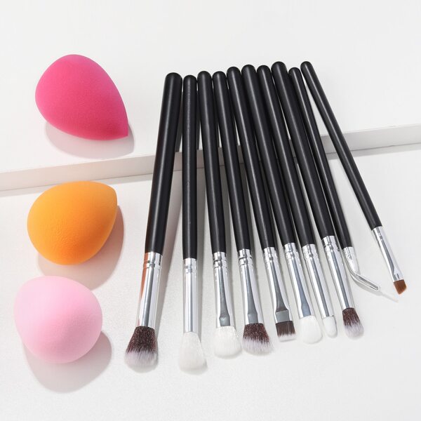 

10pcs Makeup Brush Set & 3pcs Makeup Sponge, Black