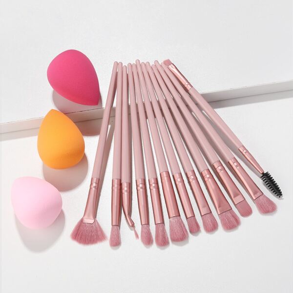 

12pcs Makeup Brush Set & 3pcs Makeup Sponge, Pink