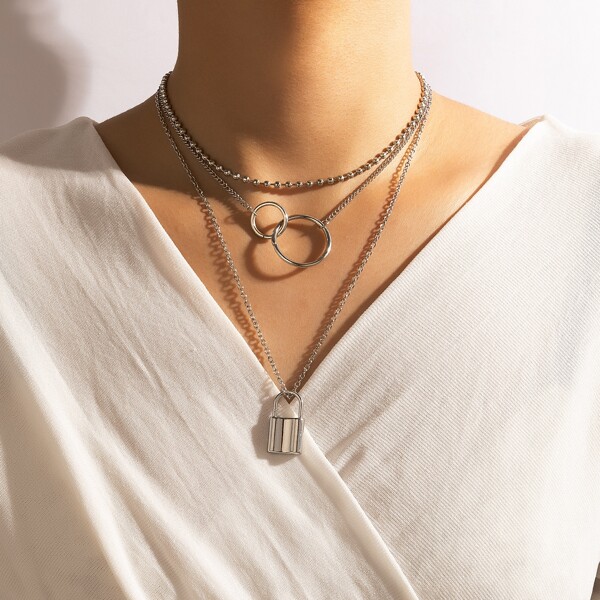 

Lock Charm Layered Necklace, Silver